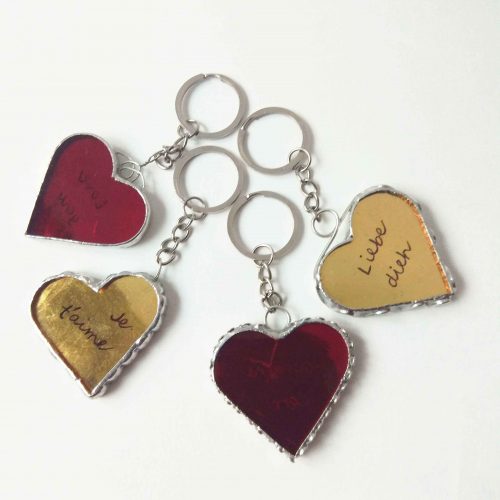 Red gilded heart stained glass key chain.